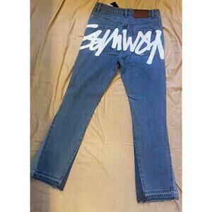 SUMWON Jeans Size 25 Blue Logo Back Print Colorblock Distressed Raw Hem NWT